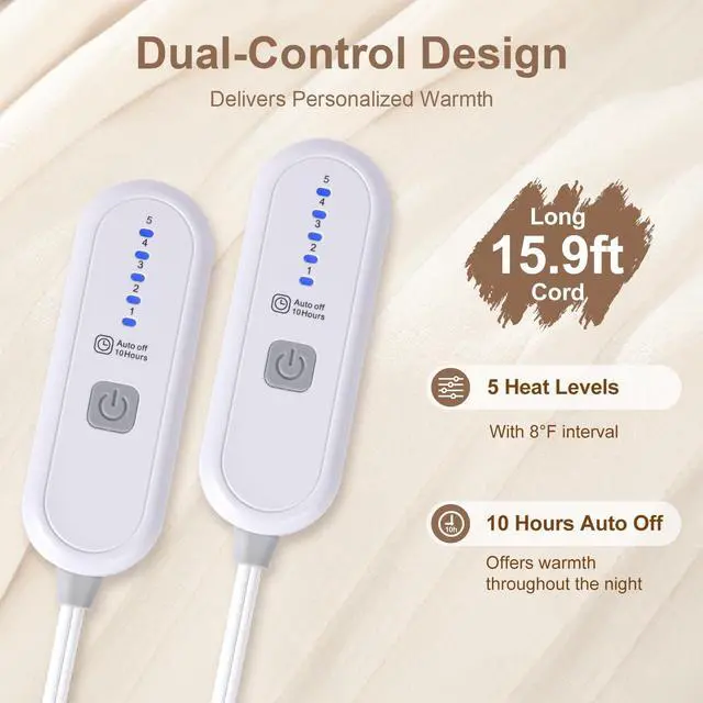 Alt view image 3 of 7 - Electric Blanket Queen Size Dual Control - Washable Heated Blanket Queen with 5 Heat Settings, 10 Hrs Auto Off, ETL Certified, Flannel Sherpa Heating Blankets 84" x 90" White