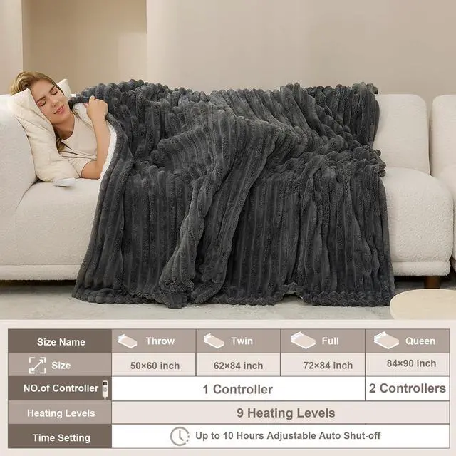 Alt view image 5 of 7 - Heated Blanket Electric Throw Full Size, Heating Blanket with 9 Heating Levels and 10-Hour Timer Auto Shut Off, Washable Soft Warm Winter Blanket, 72 x 84 Inches, Dark Grey