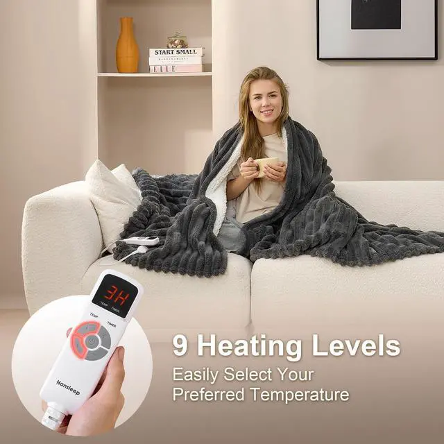 Alt view image 3 of 7 - Heated Blanket Electric Throw Full Size, Heating Blanket with 9 Heating Levels and 10-Hour Timer Auto Shut Off, Washable Soft Warm Winter Blanket, 72 x 84 Inches, Dark Grey