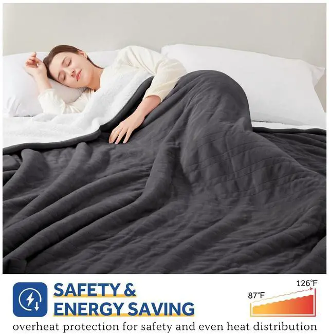 Alt view image 5 of 7 - Electric Blanket Twin Size, Flannel & Sherpa Heated Blanket with 10 Heating Levels & 1-12 Hours Auto Off, Machine Washable, Grey, 62x 84 Inch