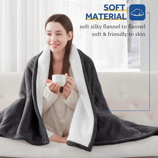 Alt view image 4 of 7 - Electric Blanket Twin Size, Flannel & Sherpa Heated Blanket with 10 Heating Levels & 1-12 Hours Auto Off, Machine Washable, Grey, 62x 84 Inch