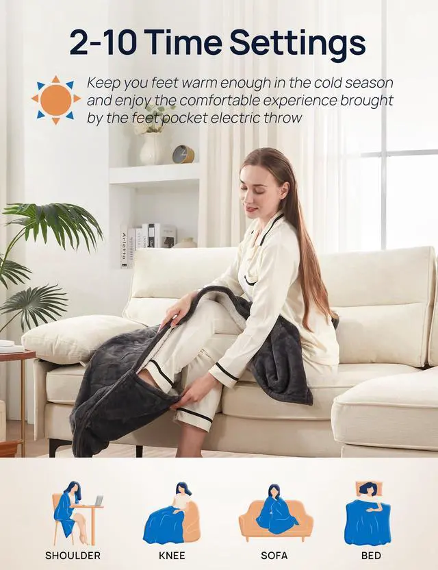 Alt view image 3 of 7 - Electric Throw Blanket with Foot Pocket for Adults, Soft Flannel to Sherpa Heated Throw with 6 Heating Levels & 2-10 Hours Time Settings, Fast Heating & Machine Washable, 50x62, Charcoal