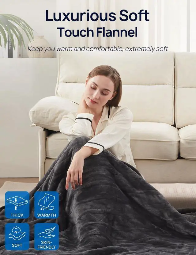Alt view image 4 of 7 - Electric Throw Blanket with Foot Pocket for Adults, Soft Flannel to Sherpa Heated Throw with 6 Heating Levels & 2-10 Hours Time Settings, Fast Heating & Machine Washable, 50x62, Charcoal