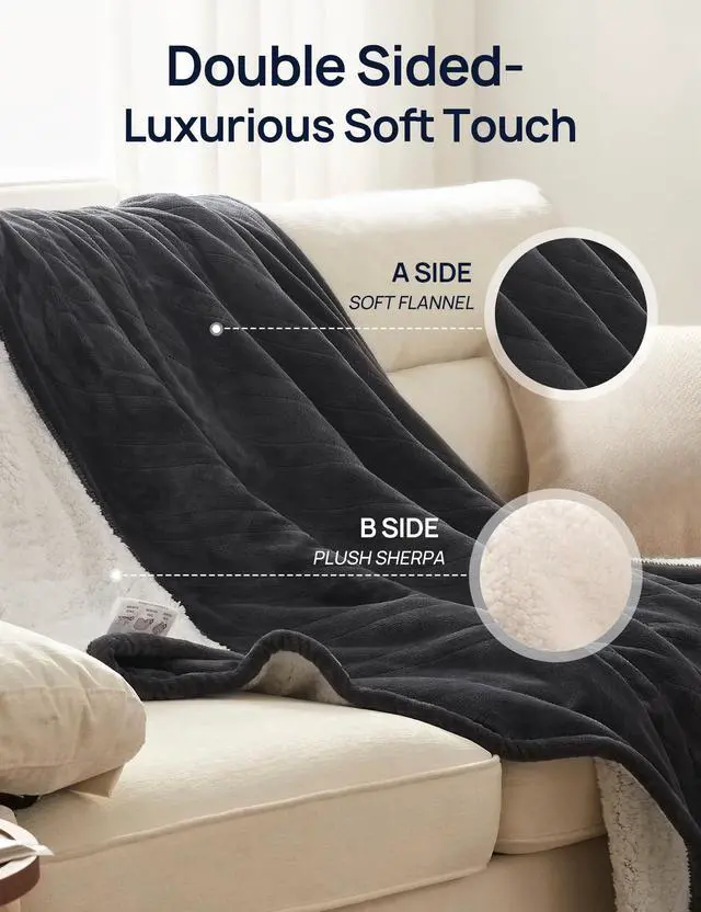 Alt view image 6 of 7 - Electric Throw Blanket with Foot Pocket for Adults, Soft Flannel to Sherpa Heated Throw with 6 Heating Levels & 2-10 Hours Time Settings, Fast Heating & Machine Washable, 50x62, Charcoal