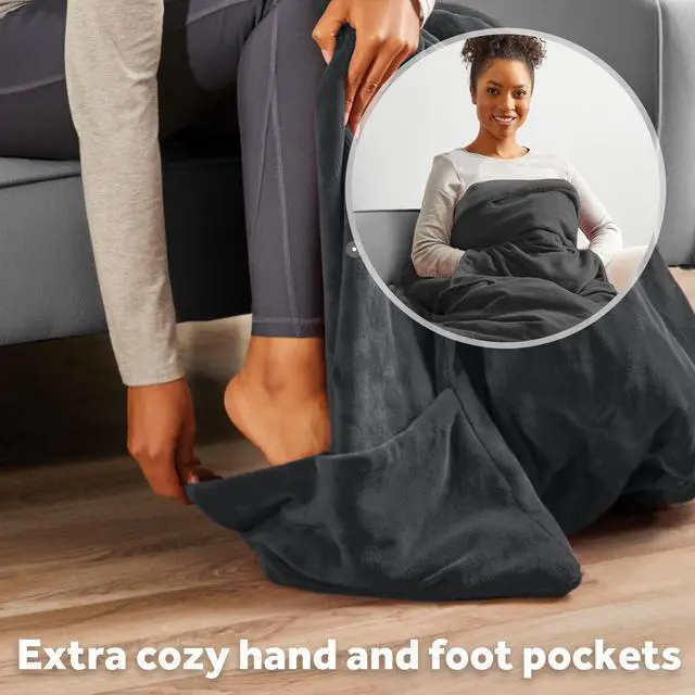 Alt view image 4 of 7 - Ultimate Cozy Royal Posh Velvet Hand & Foot Pocket Heated Throw Electric Blanket, 50" x 72", 4 Heat Settings, 4-Hour Auto Shut-Off, Warming Throw for Couch or Bed, Machine Washable, Night Fog