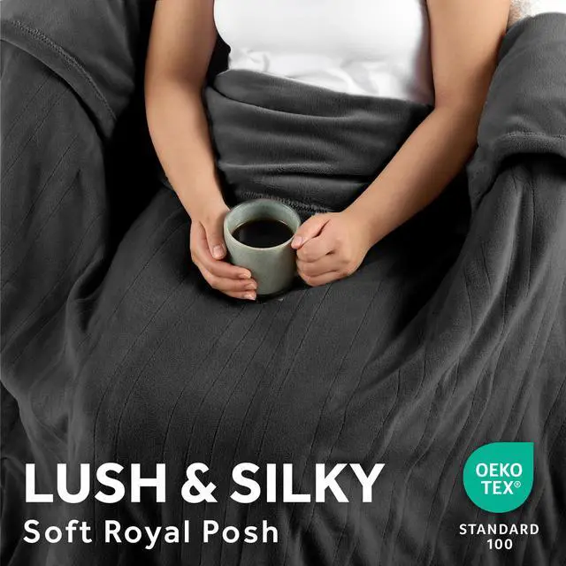 Alt view image 3 of 7 - Ultimate Cozy Royal Posh Velvet Hand & Foot Pocket Heated Throw Electric Blanket, 50" x 72", 4 Heat Settings, 4-Hour Auto Shut-Off, Warming Throw for Couch or Bed, Machine Washable, Night Fog