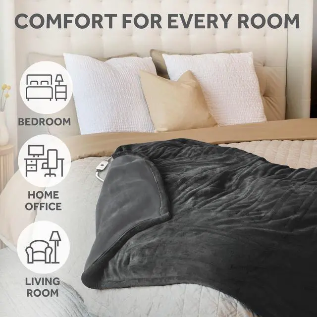 Alt view image 5 of 7 - Ultimate Cozy Royal Posh Velvet Hand & Foot Pocket Heated Throw Electric Blanket, 50" x 72", 4 Heat Settings, 4-Hour Auto Shut-Off, Warming Throw for Couch or Bed, Machine Washable, Night Fog