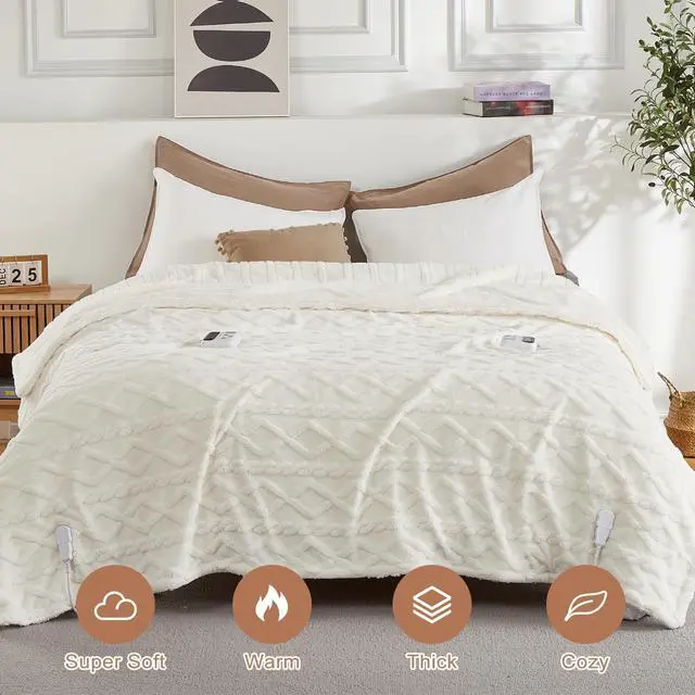 Alt view image 3 of 7 - Electric Blanket King Size Dual Control - Thick Tufted Sherpa Heated Blanket with 10 Heating Levels and 10 Time Settings, ETL Certified Fast Heating Blankets King Size 90"×100", White