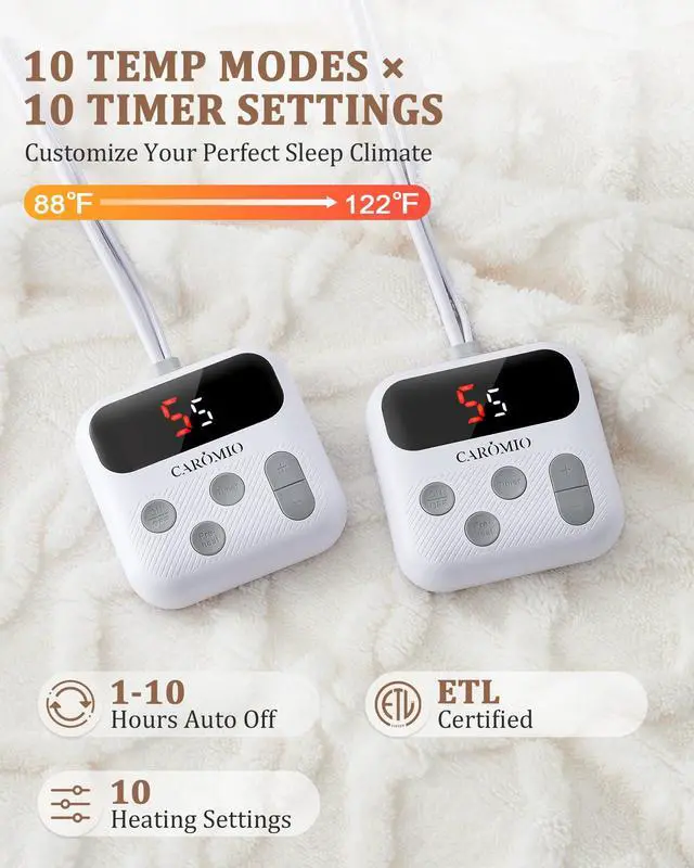 Alt view image 4 of 7 - Electric Blanket King Size Dual Control - Thick Tufted Sherpa Heated Blanket with 10 Heating Levels and 10 Time Settings, ETL Certified Fast Heating Blankets King Size 90"×100", White