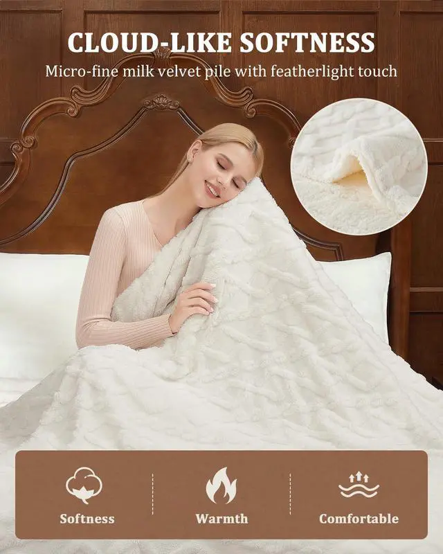 Alt view image 6 of 7 - Electric Blanket King Size Dual Control - Thick Tufted Sherpa Heated Blanket with 10 Heating Levels and 10 Time Settings, ETL Certified Fast Heating Blankets King Size 90"×100", White