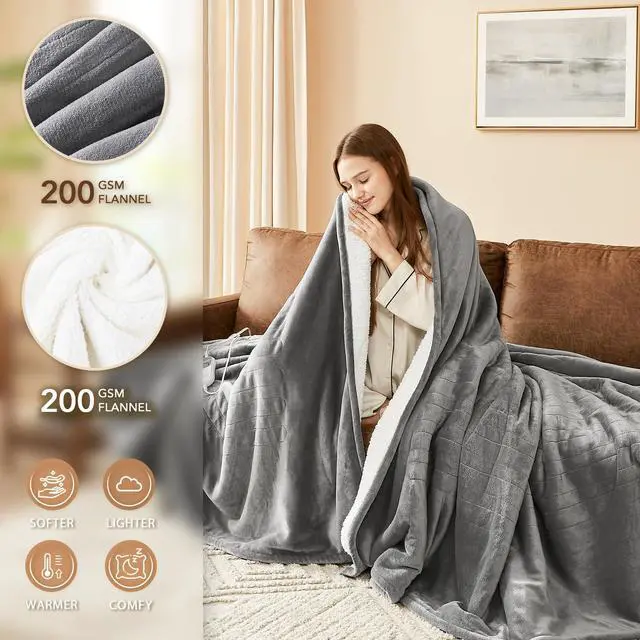 Alt view image 2 of 6 - Heated Electric Blanket King Size - 100"x90" Heating BedBlanket Throw with 10 Heating Levels&8 Hours Auto Off, Fast Heating Over-Heated Protection Ultra Soft Flannel ETL Certified, Grey