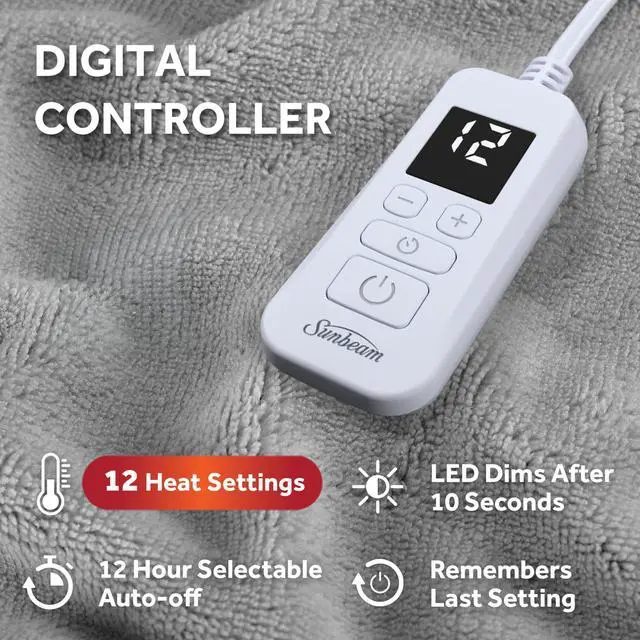 Alt view image 2 of 7 - Electric Royal Luxe Microplush Heated Blanket, 12 Heat Settings, 12-Hour Auto Shut-Off, Fast Heating, Warm & Cozy, Machine Washable, Dove Gray Color, Twin (84" x 62")