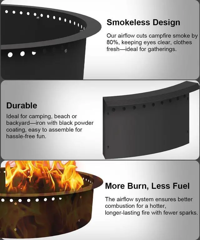 Alt view image 3 of 7 - 39 Inch Smokeless Fire Pit Ring Insert Outdoor, Heavy Duty Metal Steel DIY Firepit Rim Liner Round Campfire Rings for Outside Wood Burning Above or In-Ground, Black