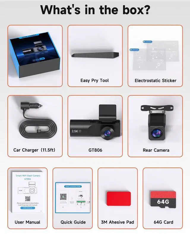 Alt view image 7 of 7 - Dash Cam Front and Rear, 2.5K+1080P+1080P 3 Channel Dash Cam with 64GB Card, Wi-Fi Dash Camera for Cars, G-Sensor, Night Vision, 24H Parking, Loop Recording Dashcam, 1.97IPS, Support 256GB