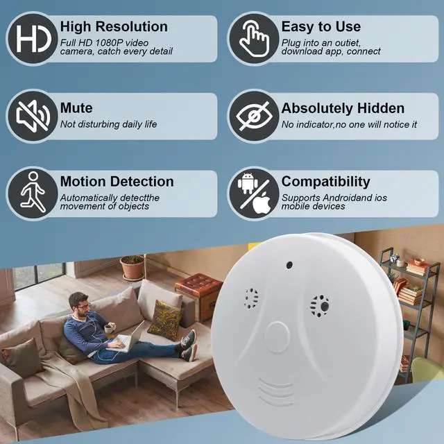 Alt view image 2 of 7 - Hidden Camera Smoke Detector Video Small Cam 1080P HD Wireless WiFi Camera with Night Vision & Motion Detection Indoor Security Camera