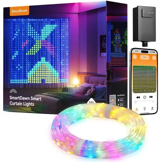 Main image of 540 RGBIC LEDs Smart Curtain Lights with DIY GIF, 4.9x6.6ft Color Changing Christmas Wall Lights with APP, IP65 Waterproof String Fairy Lights for Indoor Outdoor Bedroom Window Garage