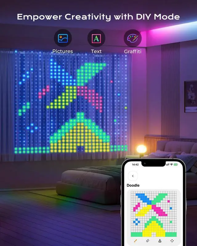 Alt view image 2 of 7 - 540 RGBIC LEDs Smart Curtain Lights with DIY GIF, 4.9x6.6ft Color Changing Christmas Wall Lights with APP, IP65 Waterproof String Fairy Lights for Indoor Outdoor Bedroom Window Garage