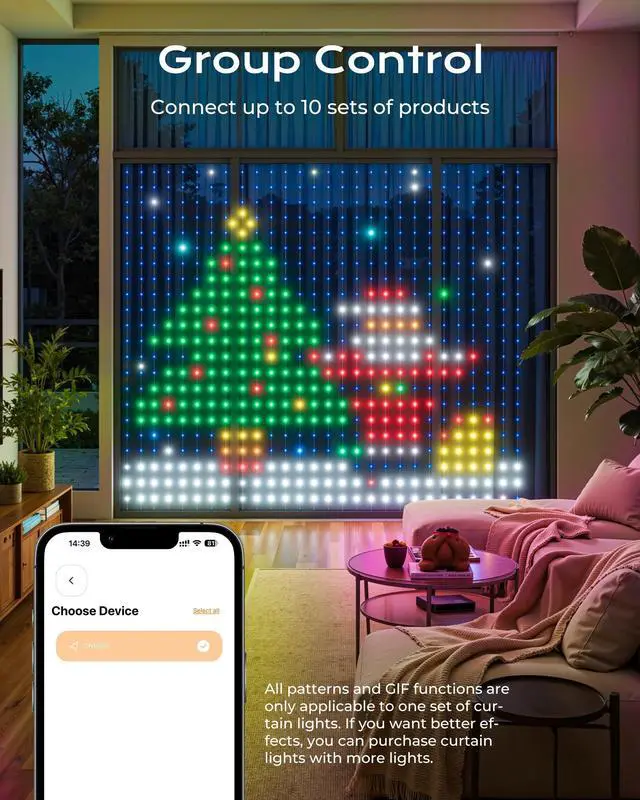 Alt view image 7 of 7 - 540 RGBIC LEDs Smart Curtain Lights with DIY GIF, 4.9x6.6ft Color Changing Christmas Wall Lights with APP, IP65 Waterproof String Fairy Lights for Indoor Outdoor Bedroom Window Garage