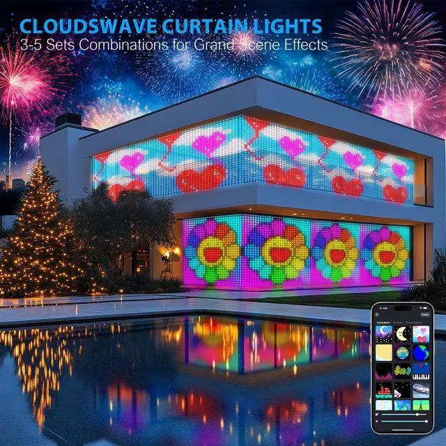 Alt view image 2 of 7 - High Pixel Smart Curtain Lights - LED Pioneering App Controlled Color Changing American Flag Light Outdoor Indoor for Christmas, Halloween, Shop, Bar, IP65 Waterproof 9.85x9.85Ft
