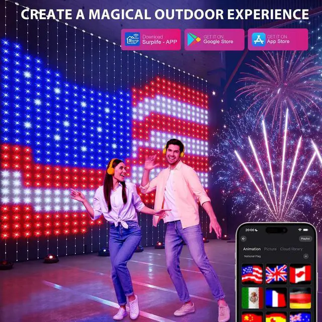 Alt view image 5 of 7 - High Pixel Smart Curtain Lights - LED Pioneering App Controlled Color Changing American Flag Light Outdoor Indoor for Christmas, Halloween, Shop, Bar, IP65 Waterproof 9.85x9.85Ft