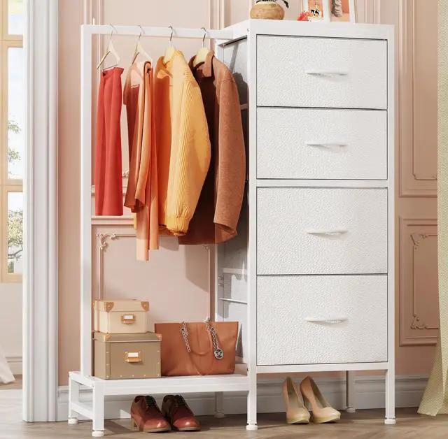 Main image of Dresser with Hanging Rack, 4 Drawers Small Closet for Bedroom, Reversible Fabric Kids Chest of Drawers with Clothes Rack, Tall Storage Tower, Sturdy Frame, White, 44''H