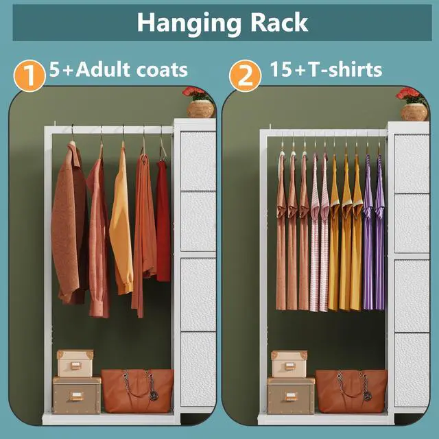 Alt view image 3 of 7 - Dresser with Hanging Rack, 4 Drawers Small Closet for Bedroom, Reversible Fabric Kids Chest of Drawers with Clothes Rack, Tall Storage Tower, Sturdy Frame, White, 44''H