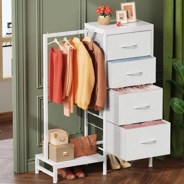 Alt view image 2 of 7 - Dresser with Hanging Rack, 4 Drawers Small Closet for Bedroom, Reversible Fabric Kids Chest of Drawers with Clothes Rack, Tall Storage Tower, Sturdy Frame, White, 44''H