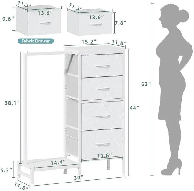 Alt view image 5 of 7 - Dresser with Hanging Rack, 4 Drawers Small Closet for Bedroom, Reversible Fabric Kids Chest of Drawers with Clothes Rack, Tall Storage Tower, Sturdy Frame, White, 44''H