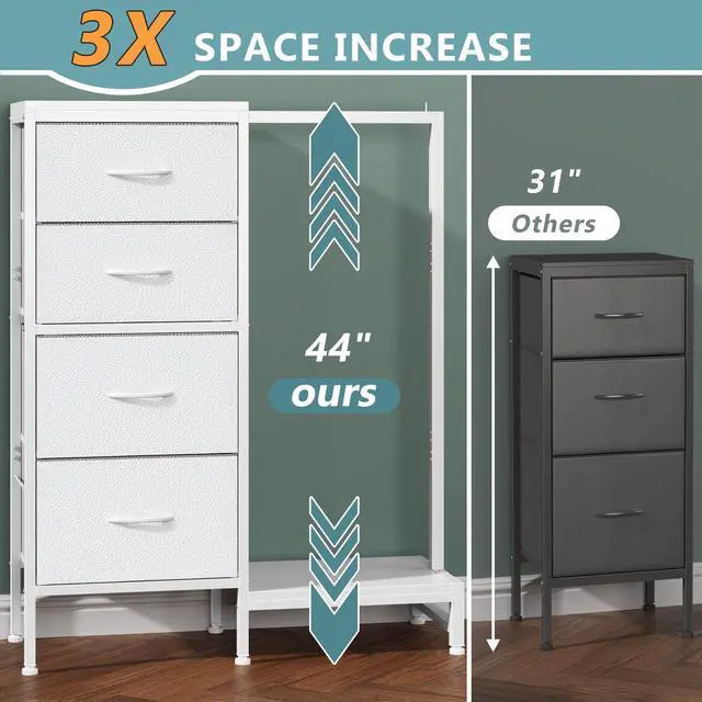 Alt view image 4 of 7 - Dresser with Hanging Rack, 4 Drawers Small Closet for Bedroom, Reversible Fabric Kids Chest of Drawers with Clothes Rack, Tall Storage Tower, Sturdy Frame, White, 44''H