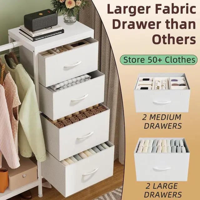 Alt view image 6 of 7 - Dresser with Hanging Rack, 4 Drawers Small Closet for Bedroom, Reversible Fabric Kids Chest of Drawers with Clothes Rack, Tall Storage Tower, Sturdy Frame, White, 44''H