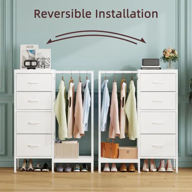 Alt view image 7 of 7 - Dresser with Hanging Rack, 4 Drawers Small Closet for Bedroom, Reversible Fabric Kids Chest of Drawers with Clothes Rack, Tall Storage Tower, Sturdy Frame, White, 44''H