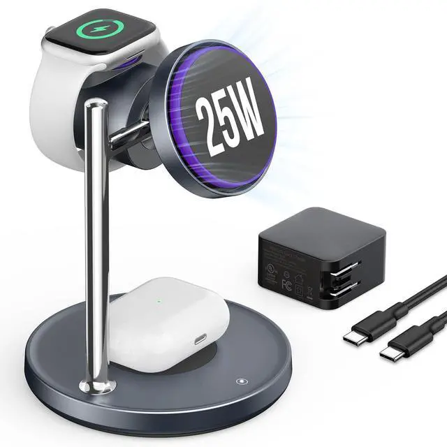 Main image of Qi2 25W Wireless Charger, 3 in 1 Charging Station with Cooling Fan, Magnetic Qi2.2 Wireless Charger Stand, Compatible with iPhone 17/16/15/14/13/12, Apple Watch, AirPods (GaN Adapter Included)