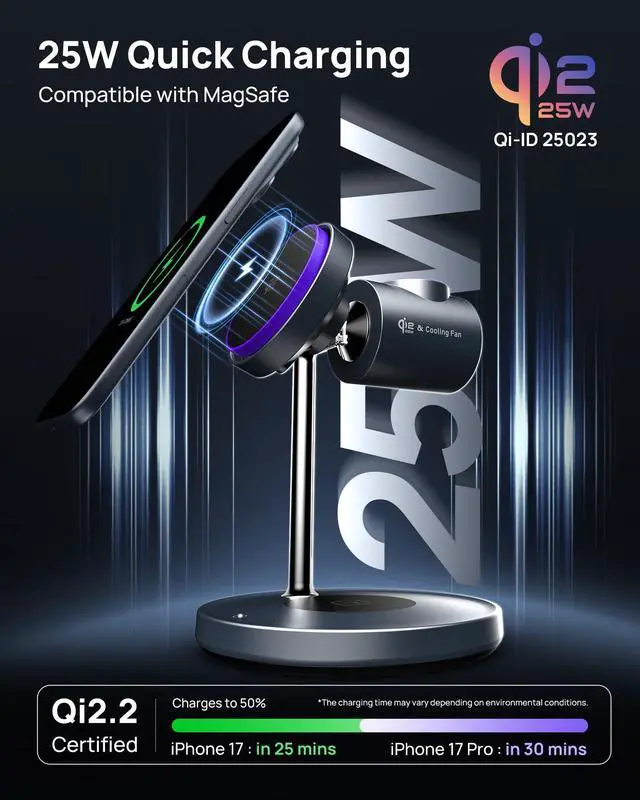 Alt view image 2 of 7 - Qi2 25W Wireless Charger, 3 in 1 Charging Station with Cooling Fan, Magnetic Qi2.2 Wireless Charger Stand, Compatible with iPhone 17/16/15/14/13/12, Apple Watch, AirPods (GaN Adapter Included)