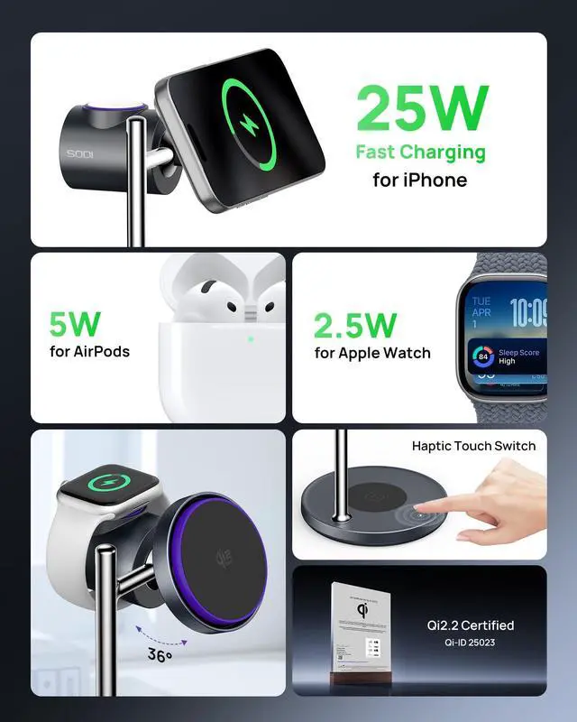 Alt view image 5 of 7 - Qi2 25W Wireless Charger, 3 in 1 Charging Station with Cooling Fan, Magnetic Qi2.2 Wireless Charger Stand, Compatible with iPhone 17/16/15/14/13/12, Apple Watch, AirPods (GaN Adapter Included)