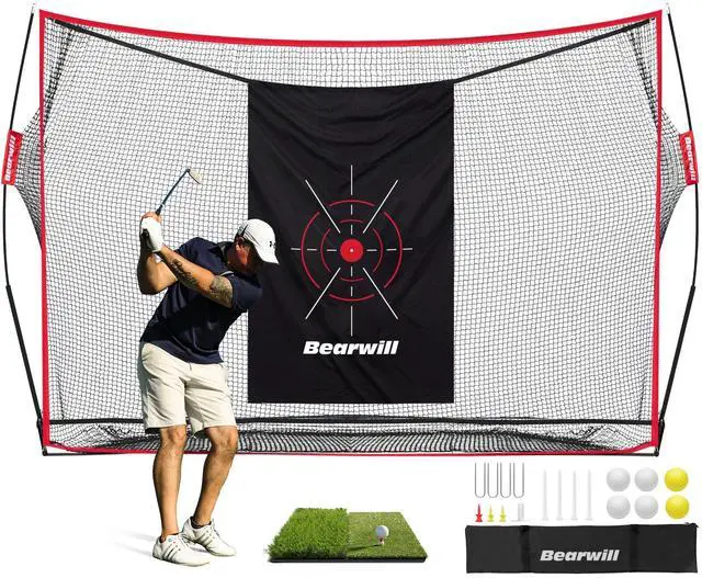 Main image of Golf Net, 10x7ft Heavy Duty Golf Practice Nets with Mat, Target Cloth, 8 Tees, 6 Balls, Carry Bag for Backyard Driving Chipping Indoor Outdoor Training