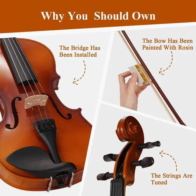Alt view image 3 of 6 - Violin 4/4 Full Size Kit, Violin Fiddle Set for Beginner Adults Student with Rosewood Bow Extra Strings & Bridge (Entry-level, Full)