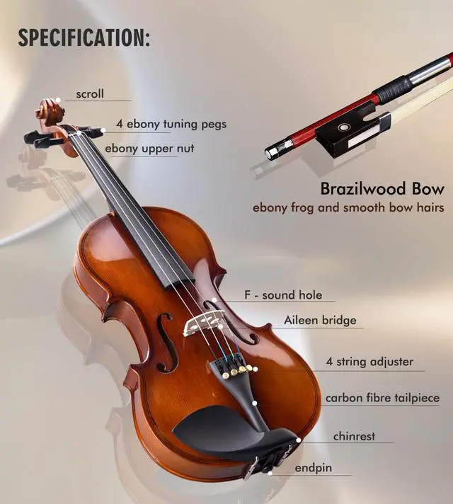 Alt view image 5 of 6 - 4/4 Violin Set for Beginners, Full Size Fiddle Kit for Adults Starters and Children Teenager Students