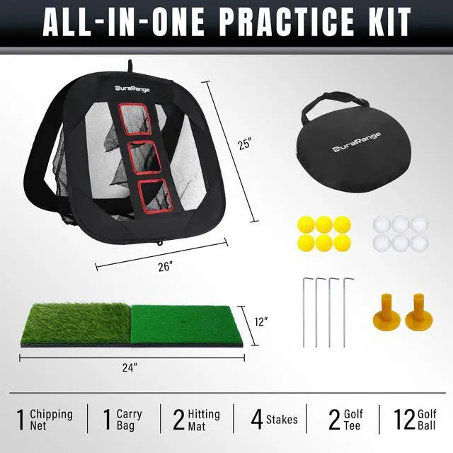 Alt view image 2 of 7 - Pop-up Golf Chipping Net Set - Foldable Training Kit with 2 Hitting Mats, 6 Practice Balls, 6 Foam Balls - Ultimate Golf Gift & Target Chipping Aids, Black