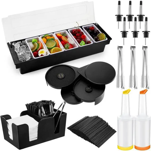 Main image of Bartending Supplies Garnish Tray with Lid Bar Caddy 3 Tier Glass Rimmer 12 Stainless Steel Bottle Pourers 2 Juice Pour Bottle 1000 Cocktail Straw 3 Serving Tong(6 Compartments,Plastic)