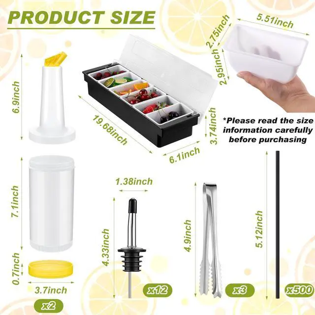 Alt view image 2 of 7 - Bartending Supplies Garnish Tray with Lid Bar Caddy 3 Tier Glass Rimmer 12 Stainless Steel Bottle Pourers 2 Juice Pour Bottle 1000 Cocktail Straw 3 Serving Tong(6 Compartments,Plastic)