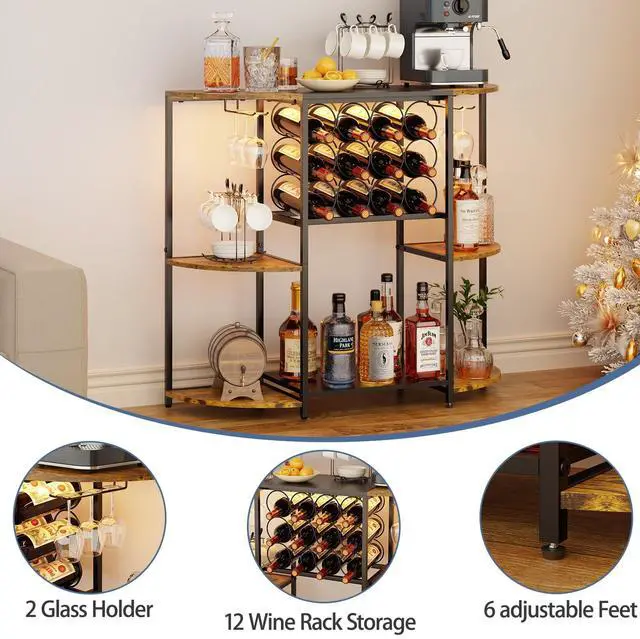 Alt view image 3 of 7 - Wine Bar Cabinet with LED Lights, Mini Wine Rack with Storage and Glass Holder, Home Bar Cart for Liquor, 3-Tier Bar Table for Kitchen, Dining Room, Living Room, Rustic Brown