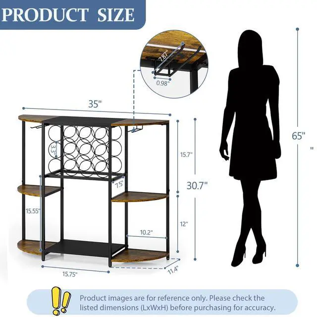 Alt view image 4 of 7 - Wine Bar Cabinet with LED Lights, Mini Wine Rack with Storage and Glass Holder, Home Bar Cart for Liquor, 3-Tier Bar Table for Kitchen, Dining Room, Living Room, Rustic Brown