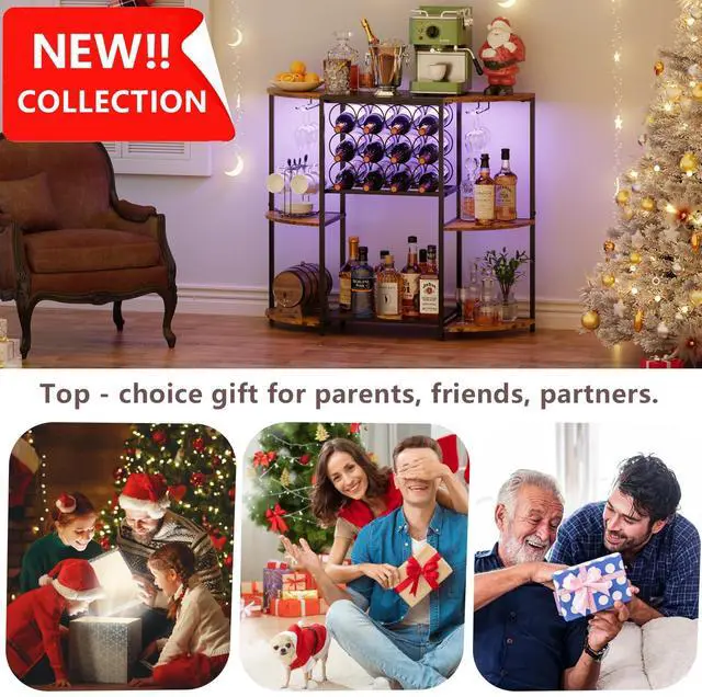 Alt view image 6 of 7 - Wine Bar Cabinet with LED Lights, Mini Wine Rack with Storage and Glass Holder, Home Bar Cart for Liquor, 3-Tier Bar Table for Kitchen, Dining Room, Living Room, Rustic Brown