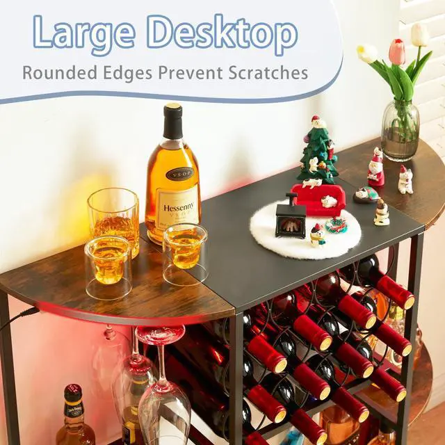 Alt view image 7 of 7 - Wine Bar Cabinet with LED Lights, Mini Wine Rack with Storage and Glass Holder, Home Bar Cart for Liquor, 3-Tier Bar Table for Kitchen, Dining Room, Living Room, Rustic Brown