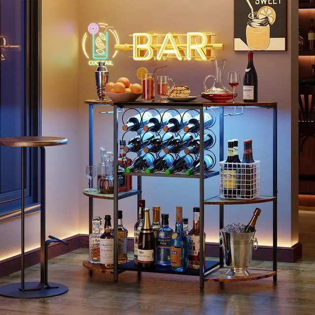 Alt view image 5 of 7 - Wine Bar Cabinet with LED Lights, Mini Wine Rack with Storage and Glass Holder, Home Bar Cart for Liquor, 3-Tier Bar Table for Kitchen, Dining Room, Living Room, Rustic Brown
