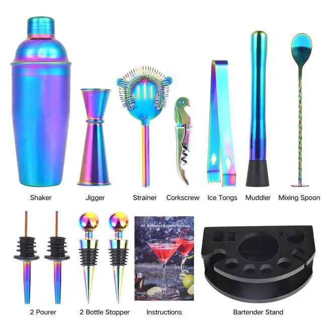 Alt view image 2 of 7 - Bartender Kit with Stand, 12-Piece Bar Set | 24oz Cocktail Shaker Set for Drink Mixing, Martini Shaker Set with Bar Tools, Recipes Booklet | Fun Housewarming Gift (Rainbow)