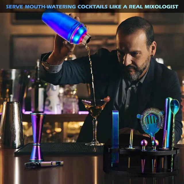 Alt view image 3 of 7 - Bartender Kit with Stand, 12-Piece Bar Set | 24oz Cocktail Shaker Set for Drink Mixing, Martini Shaker Set with Bar Tools, Recipes Booklet | Fun Housewarming Gift (Rainbow)