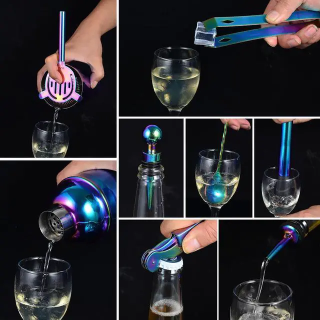 Alt view image 4 of 7 - Bartender Kit with Stand, 12-Piece Bar Set | 24oz Cocktail Shaker Set for Drink Mixing, Martini Shaker Set with Bar Tools, Recipes Booklet | Fun Housewarming Gift (Rainbow)