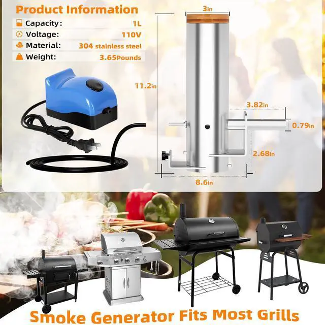 Alt view image 4 of 6 - Smoke Generator, Hot and Cold Smoke Generator with Lid & Air Pump, Portable Electric Smoker Grill, Stainless Steel Pellet Smoker Tube, BBQ Premium Smoking Accessories for Smoking Meats and Vegetables