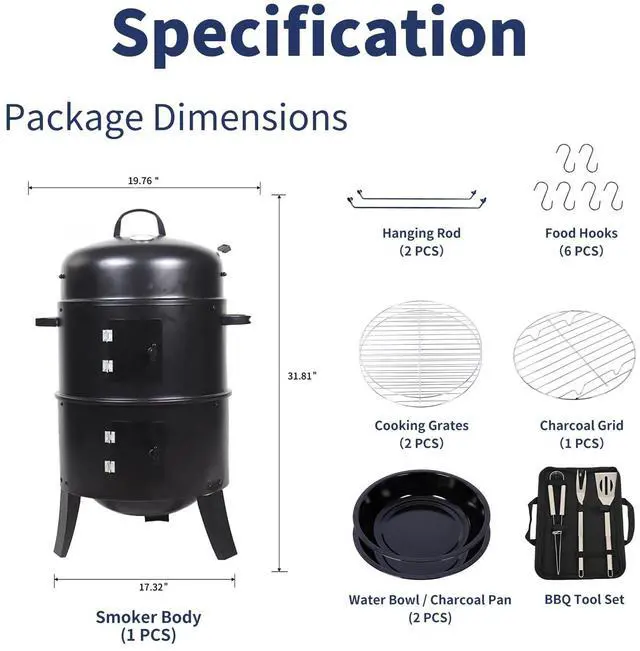 Alt view image 3 of 7 - 16 inch Vertical Charcoal Smoker, Mini BBQ Grill, Fire Pit, 3-in-1 with Built-in Thermometer, Adjustable Air Vent, Idea for Parties, Backyard, Patio, Camping